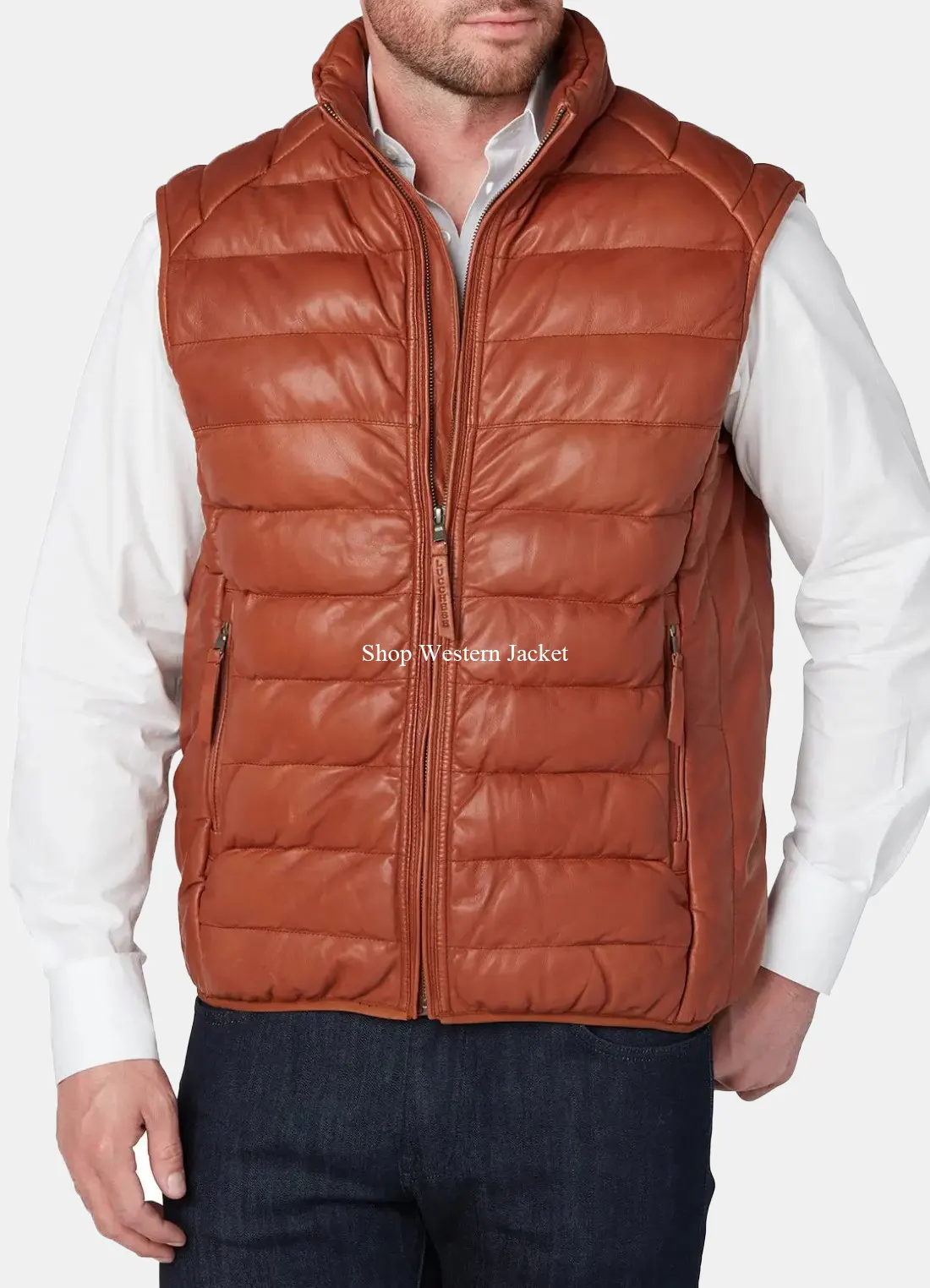 Buy Mens Cognac Leather Puffer Vest