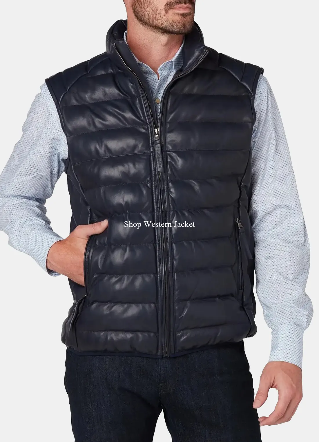 Buy Mens Navy Leather Puffer Vest