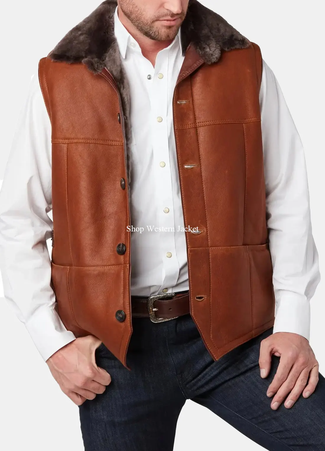Buy Mens Shearling Cognac Leather Vest