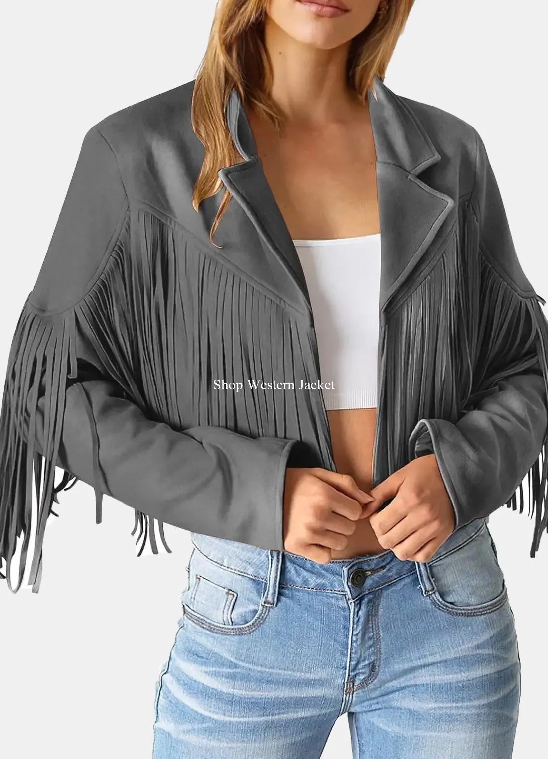 Buy Womens Cowhide Fringe Grey Leather Jacket