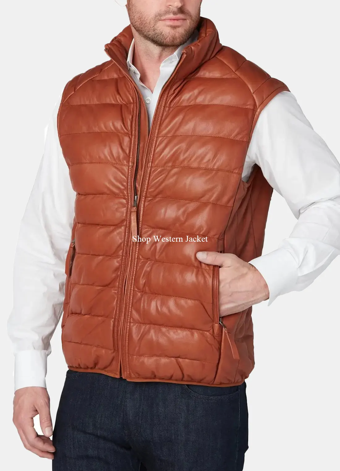 Mens Cognac Leather Puffer Vest
