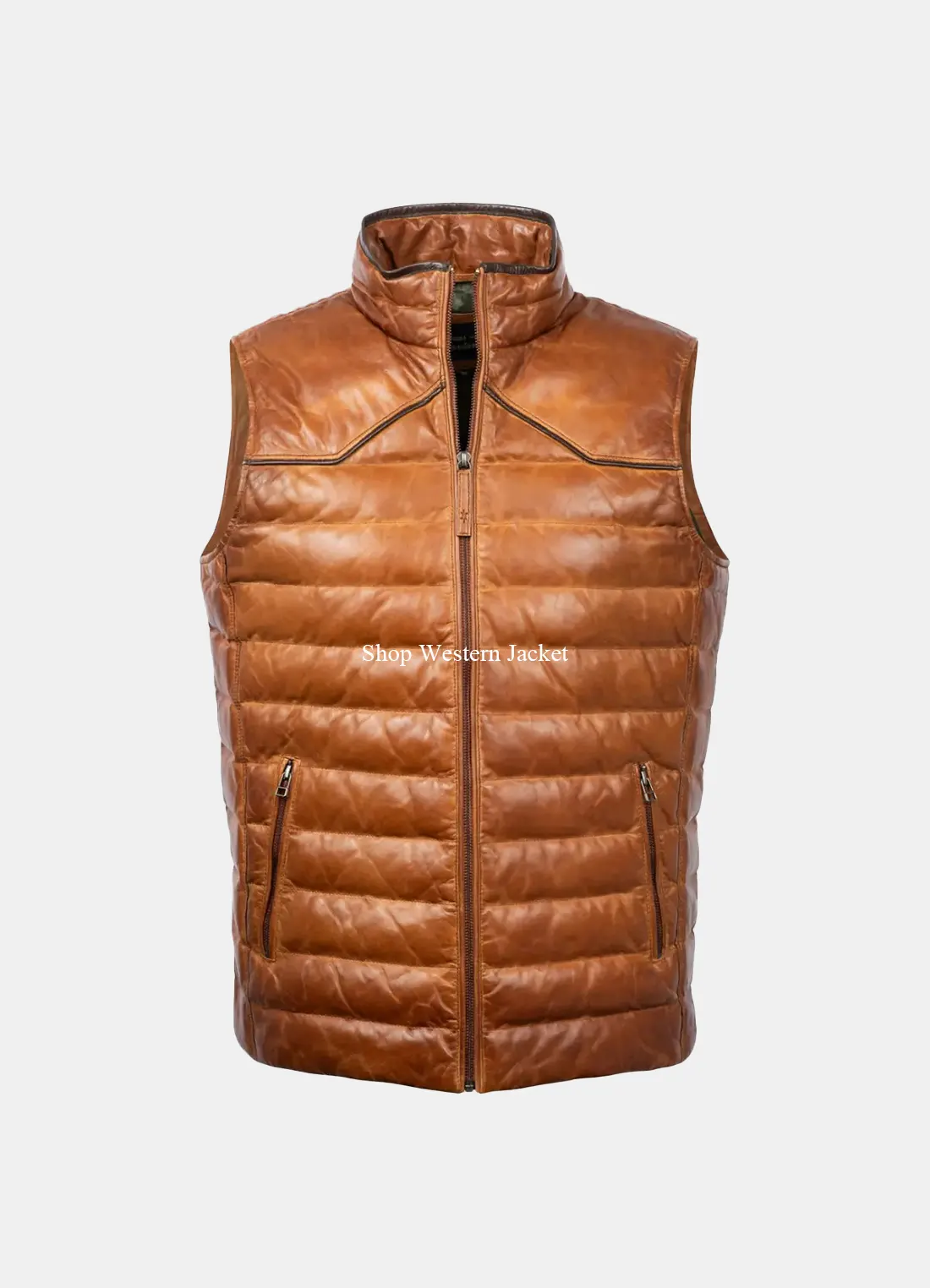 Mens Puffer Cognac Lambskin Leather Vest