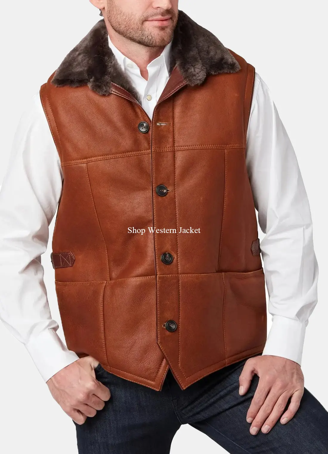 Mens Shearling Cognac Leather Vest