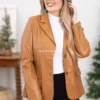 Womens Camel Faux Leather Blazer